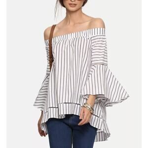 Striped Off The Shoulder Ruffle Bell Sleeve Blouse White Navy Womens Size Small